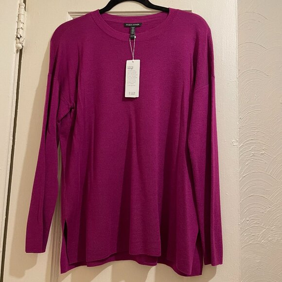NWT New Eileen Fisher Wool Cerise Fuchsia Crewneck Sweater Size XXS - Picture 2 of 7